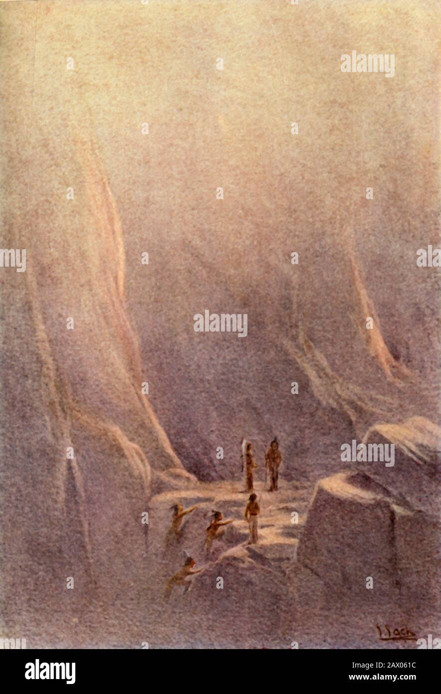 'The Lenape venire Al Luogo delle Grotte', 1914. Durante il 18th secolo, la maggior parte di Lenape fu spinta fuori dalla loro patria espandendo colonie europee, alla fine trovarono cibo nelle pianure al posto delle grotte. Dai "miti degli indiani nordamericani", di Lewis Spence F.R.A.I. [George G. Harrap &Amp; Co. Ltd, Londra, Calcutta, Sydney, 1914] Foto Stock