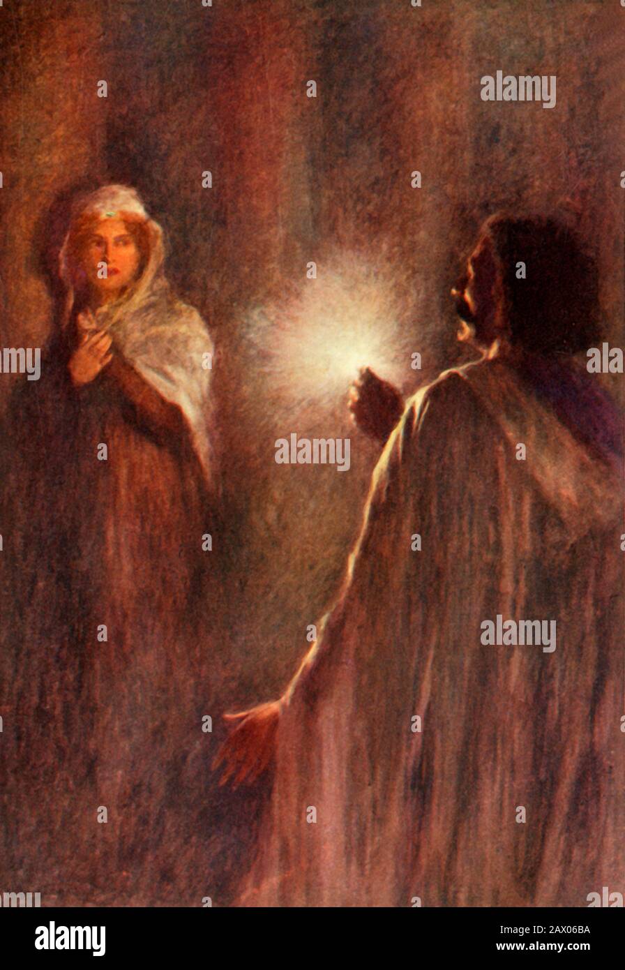 "I raggi si irradiano sulla fanciulla", 1917. L'Ambasciatore Theodor dello Zar Doushan presenta la Principessa Roksanda con un anello di pietre preziose. Da "Hero Tales and Legends of the Serbo", di Woislav M. Petrovitch. [George G. Harrap &amp; Company, London, 1917] Foto Stock