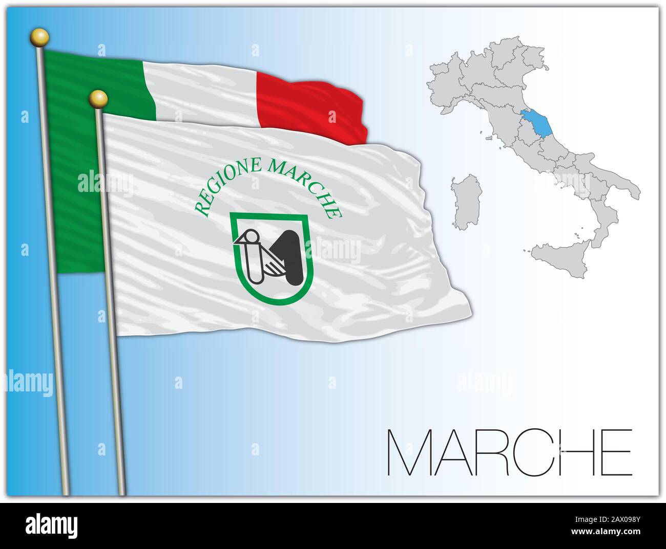 Bandiera e mappa regionale ufficiale Marche, Italia, illustrazione vettoriale Illustrazione Vettoriale
