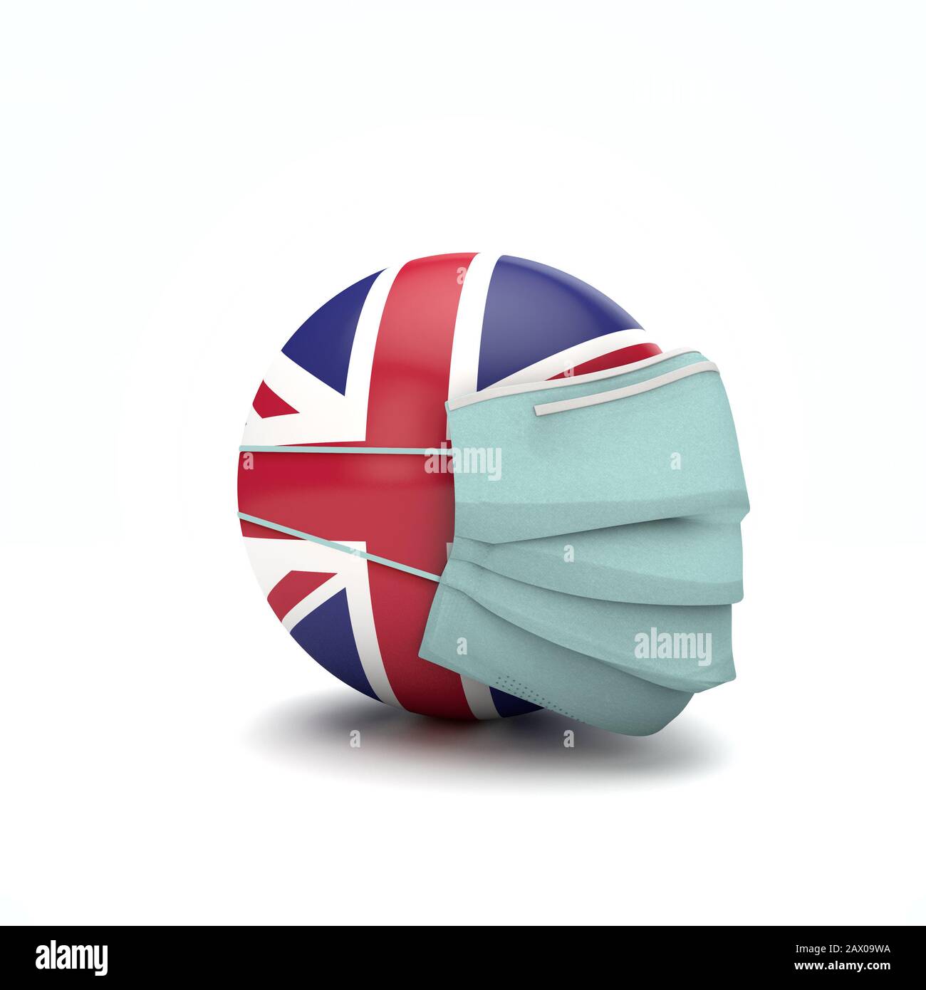 Bandiera del Regno Unito con maschera facciale protettiva. Nuovo concetto di coronavirus. Rappresentazione 3D Foto Stock