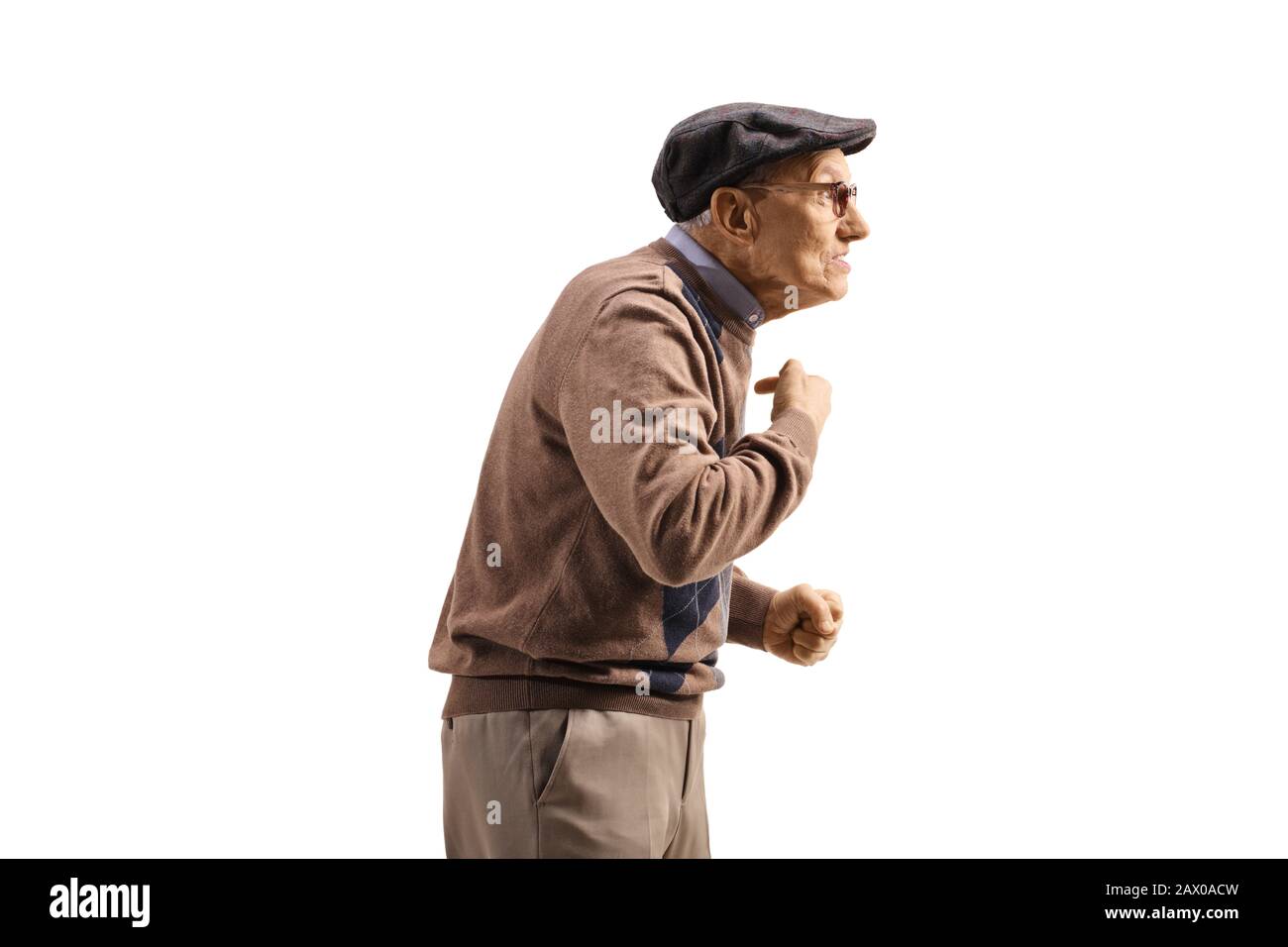 Profilo colpo di un uomo anziano tensed che punta a se stesso isolato su sfondo bianco Foto Stock