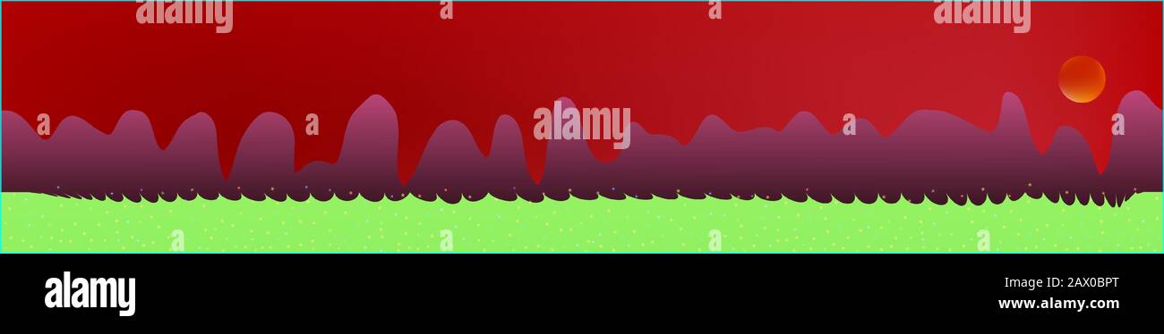 Cielo rosso, e paesaggio di montagne. Ampio sfondo orizzontale. Design skinali moderno e alla moda. Fantasia di stampa in vetro cool. Orizzonte, inutilizzato. Vecchio stile di gioco. Illustrazione Vettoriale