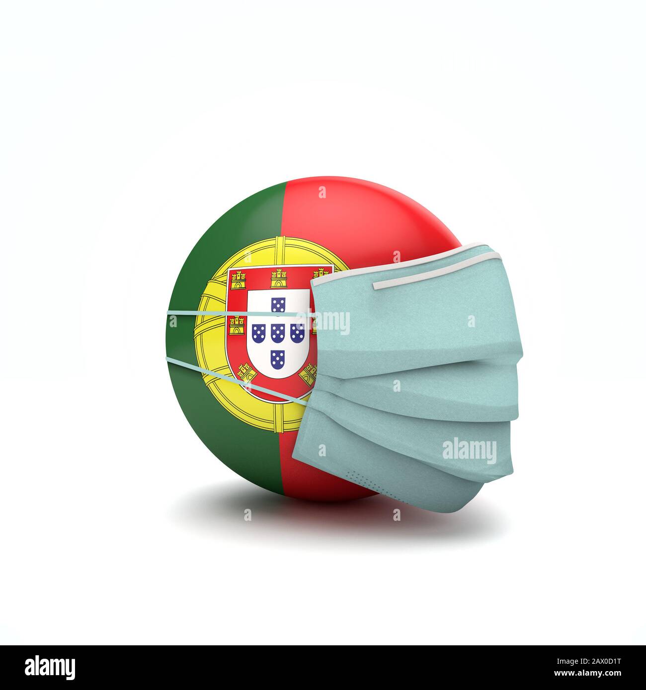 Bandiera portoghese con maschera facciale protettiva. Nuovo concetto di coronavirus. Rappresentazione 3D Foto Stock