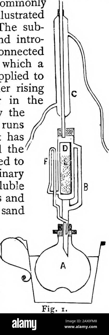 Un breve manuale di chimica analitica, qualitativa e quantitativa,--inorganica ed organica. Più solvente viene versato fino a quando la parte solubile del contenuto del percolatore non è stata interamente trasferita al ricevitore. Il tubo di collegamento serve a prevenire la perdita di solventi volatili. III. La precipitazione i è la miscelazione di due sostanze in soluzione in modo da formare una sostanza assetata, che, insolubile nei fluidi impiegati, affonda sul fondo, ed è chiamata precipitato. Il liquido limpido rimane dopo che il precipitato si è depositato è chiamato supernatantliquido. Quando preci Foto Stock