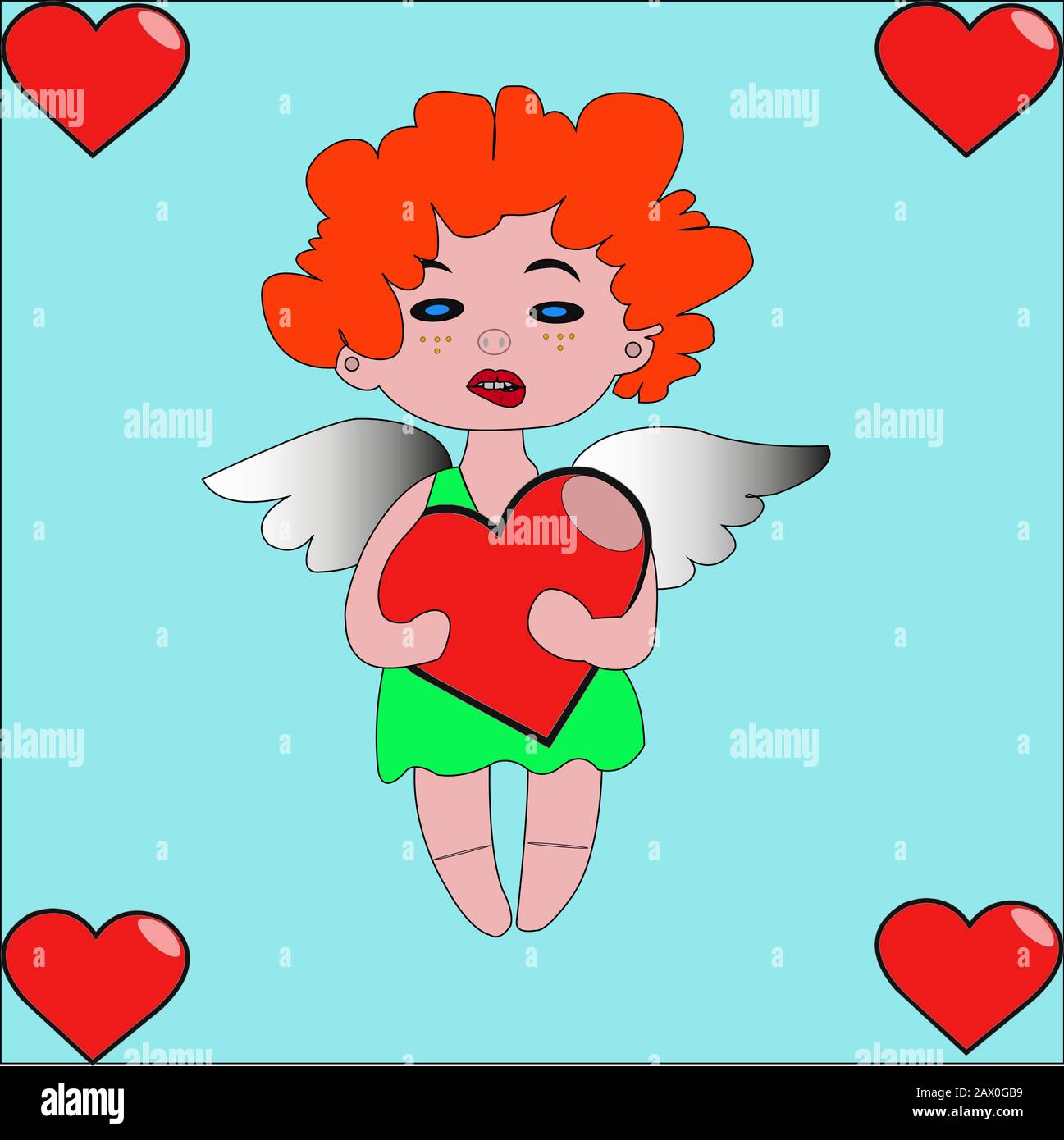 Cupido con le ali bianche abbraccia il cuore rosso per il concetto di giorno di San Valentino con lo stile di cartone animato carino Illustrazione Vettoriale