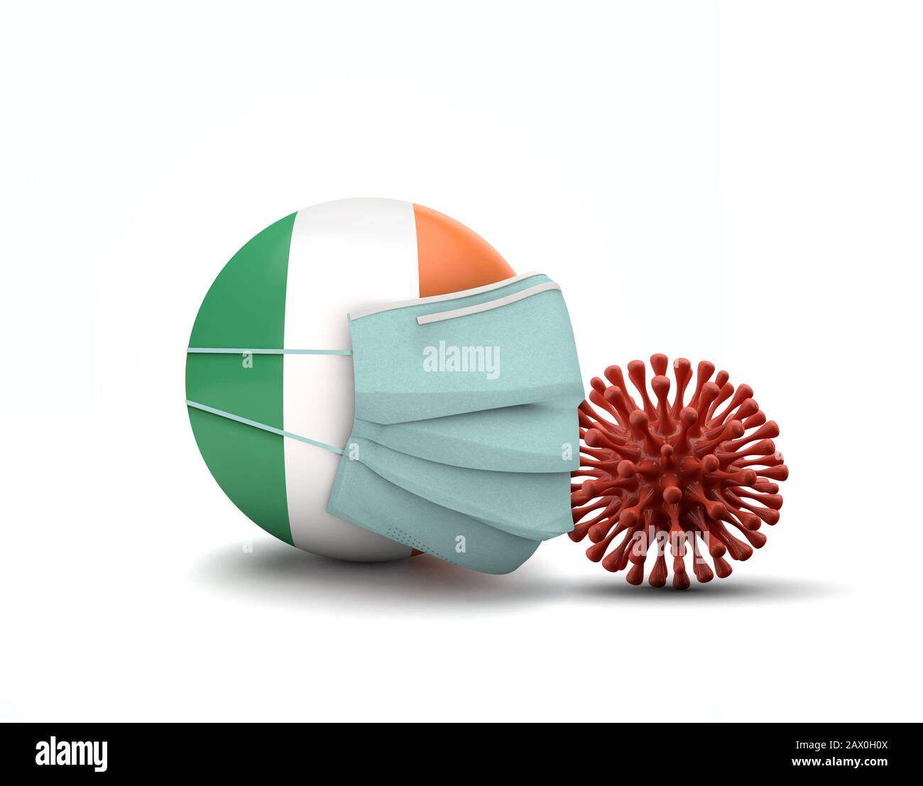 Bandiera irlandese con maschera facciale protettiva. Nuovo concetto di coronavirus. Rappresentazione 3D Foto Stock