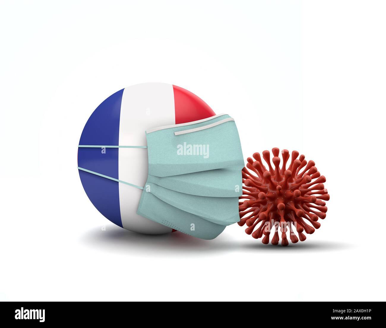 Bandiera francese con maschera facciale protettiva. Nuovo concetto di coronavirus. Rappresentazione 3D Foto Stock