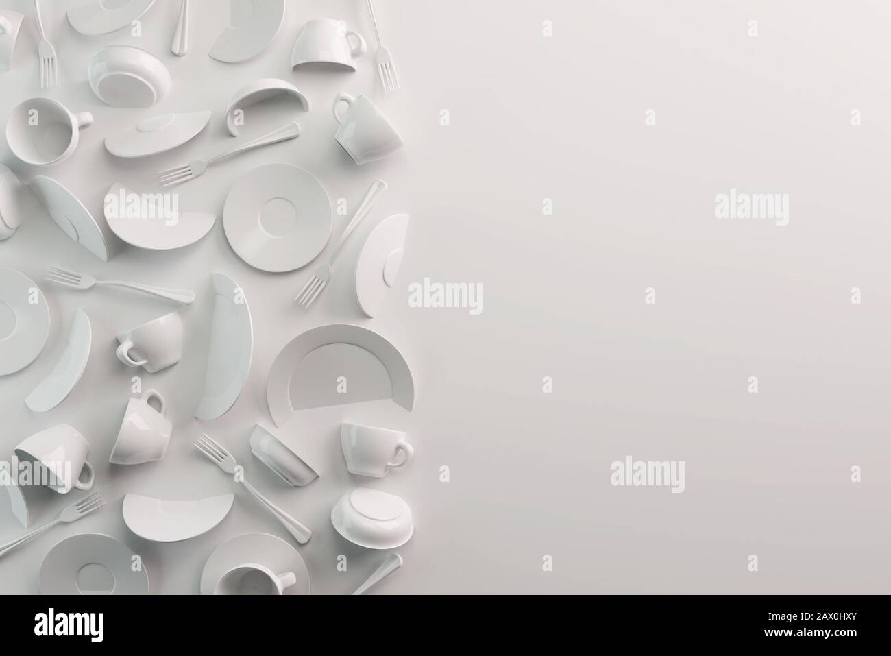 White Food di fondo concetto per il design menu ristorante o caffè. Copia spazio per il tuo logo. Volantino alimentare. Piatti E Piatti In Ceramica. Il caffè bianco abbracci un Foto Stock