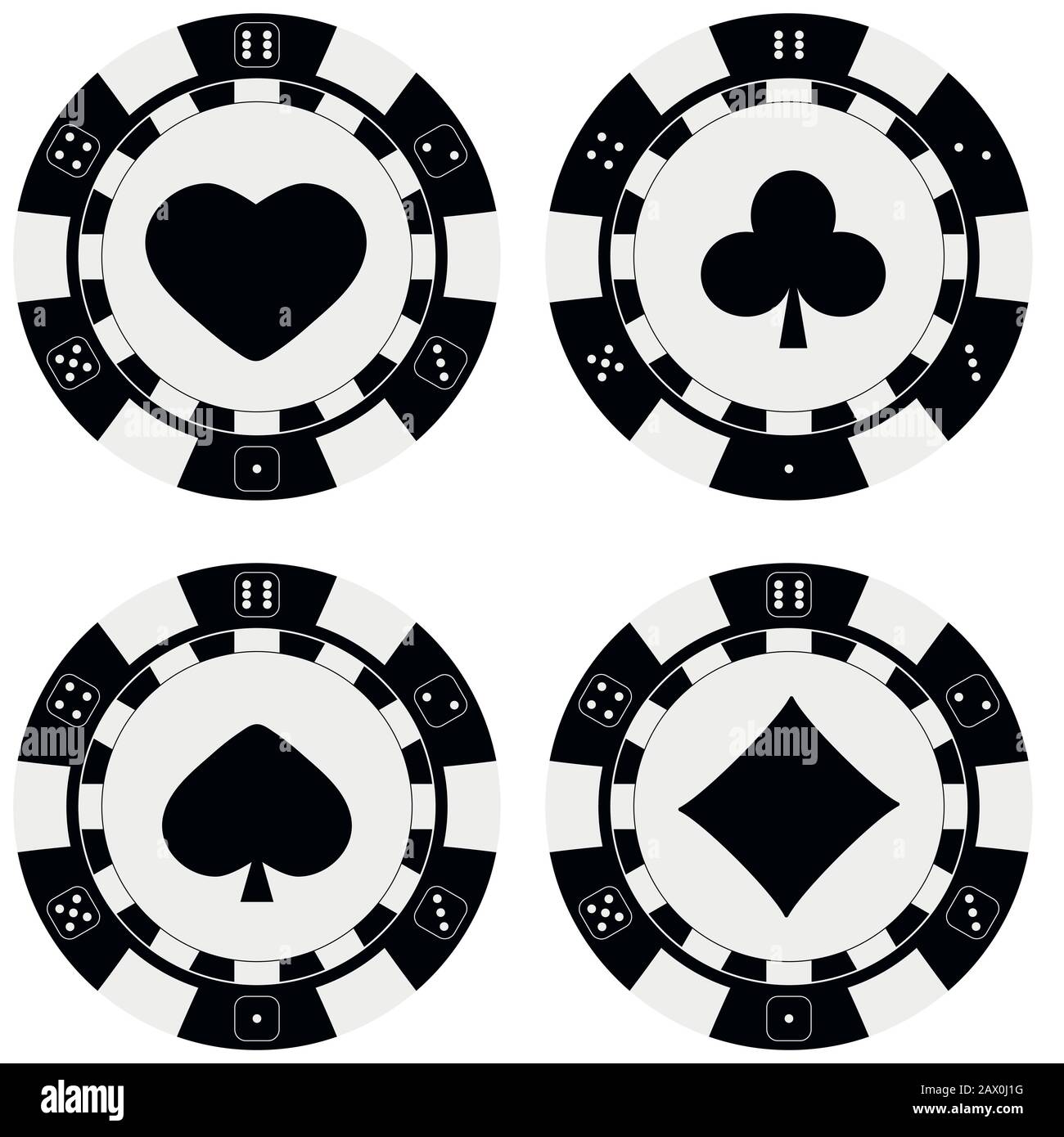 Set di fiches da poker in bianco e nero con carte per cuori, picche, diamanti, club. Illustrazione Vettoriale