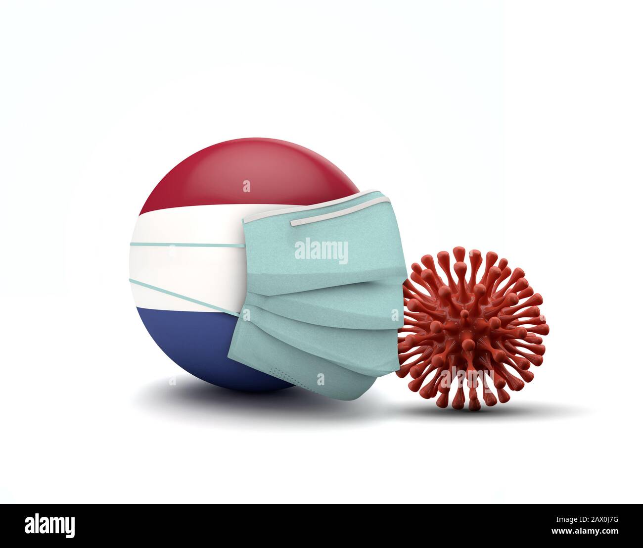 Bandiera olandese con maschera facciale protettiva. Nuovo concetto di coronavirus. Rappresentazione 3D Foto Stock