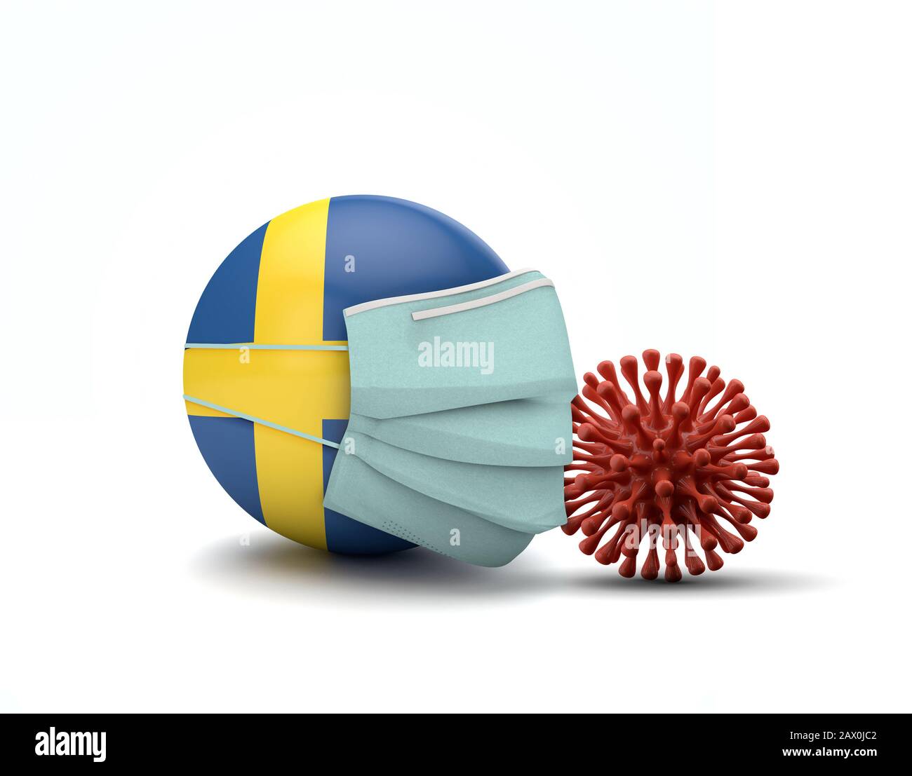 Bandiera svedese con maschera facciale protettiva. Nuovo concetto di coronavirus. Rappresentazione 3D Foto Stock