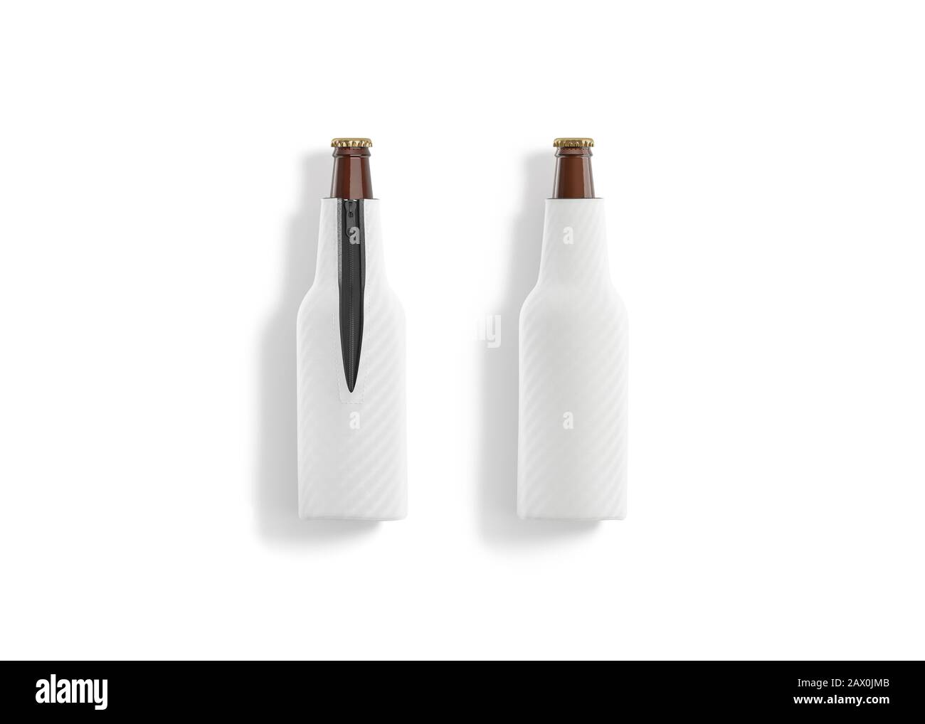 Bottiglia di birra bianca bianca pieghevole koozie mockup, anteriore e posteriore Foto Stock