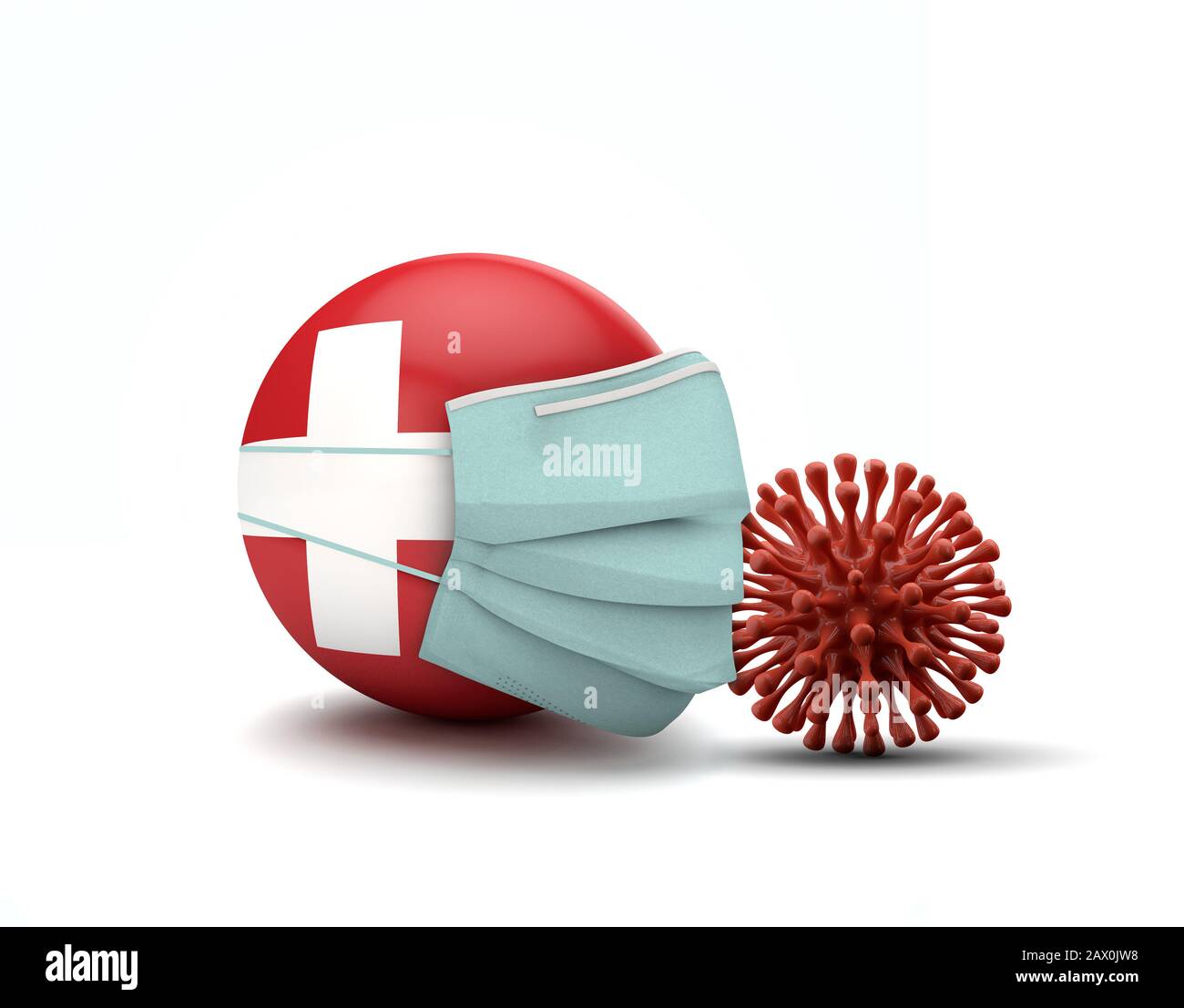 Bandiera Svizzera con maschera facciale protettiva. Nuovo concetto di coronavirus. Rappresentazione 3D Foto Stock