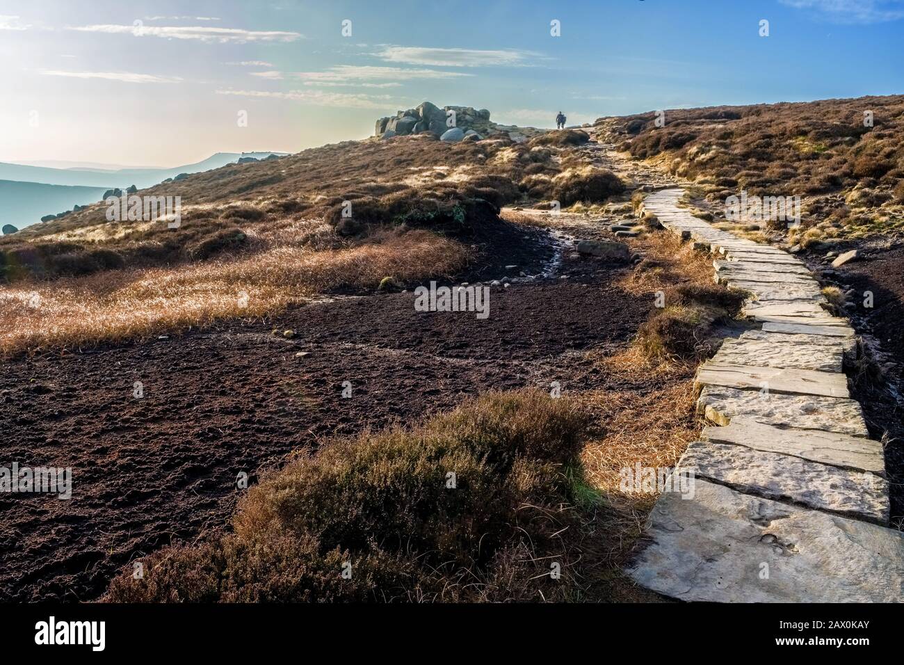 Restaurato, sentiero pavimentato attraverso torba erosa su Kinder Scout, Peak District National Park Foto Stock