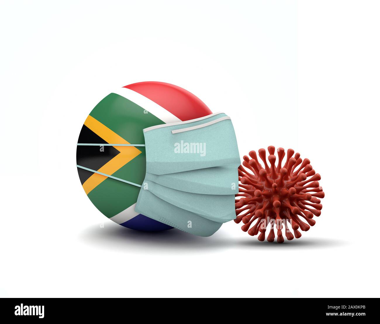 Bandiera del Sud Africa con maschera facciale protettiva. Coronavirus Concept. Rappresentazione 3D Foto Stock