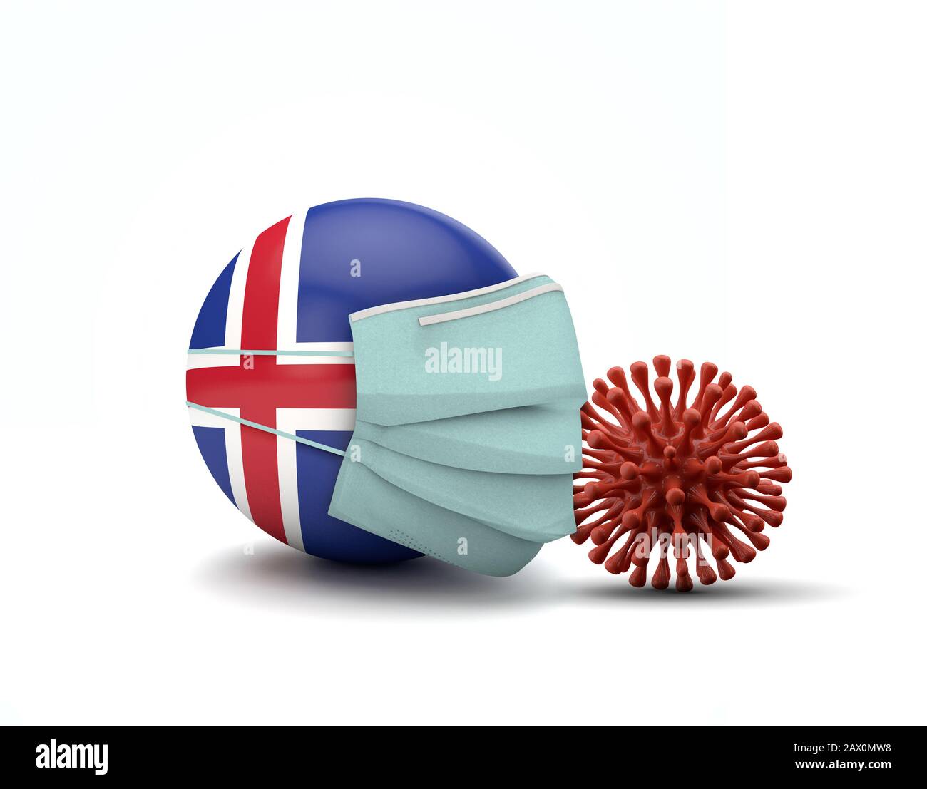Bandiera dell'Islanda con maschera facciale protettiva. Nuovo concetto di coronavirus. Rappresentazione 3D Foto Stock