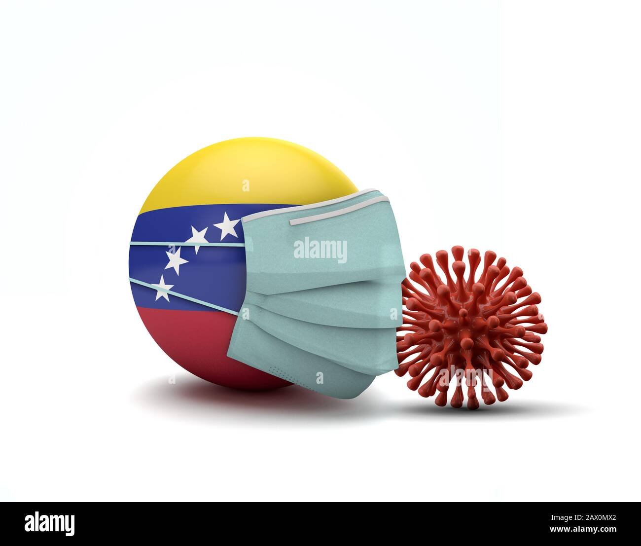 Bandiera del Venezuela con maschera facciale protettiva. Nuovo concetto di coronavirus. Rappresentazione 3D Foto Stock
