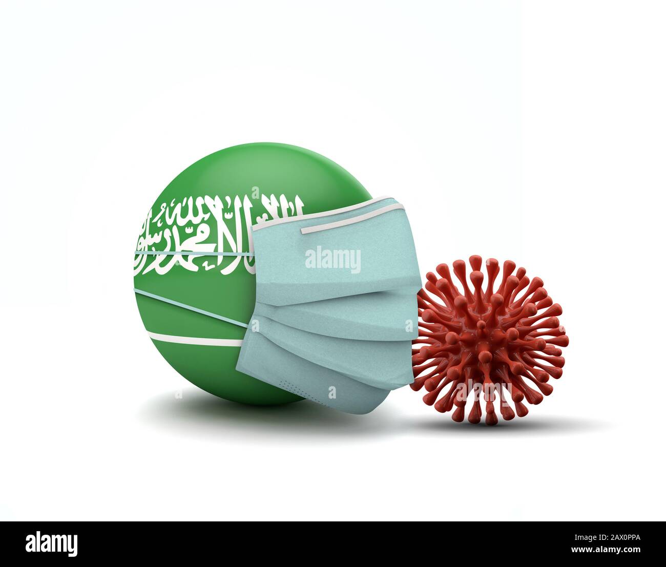 Bandiera dell'Arabia Saudita con maschera facciale protettiva. Concetto di coronavirus. Rappresentazione 3D Foto Stock