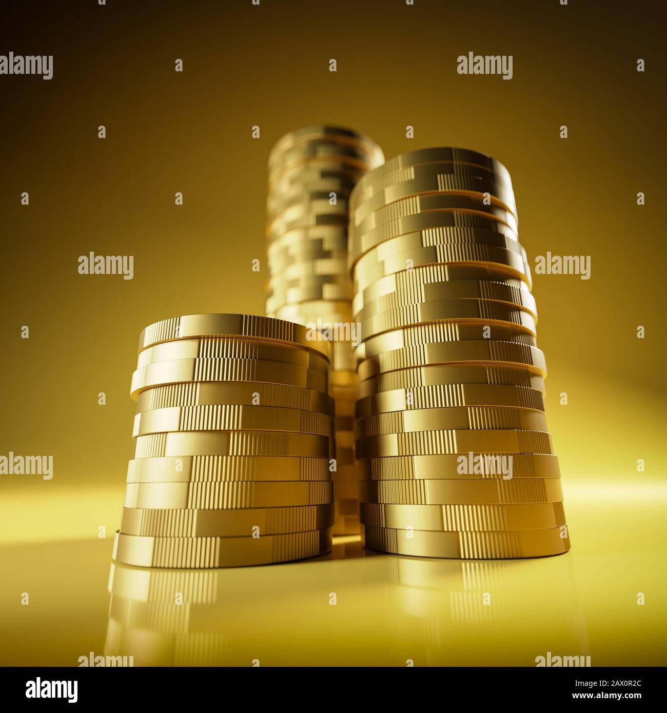 3D render: Pile crescenti di monete euro con sfondo giallo senza cuciture e riflessi. Vista grandangolare estrema dal basso con distorsioni. Selecti Foto Stock