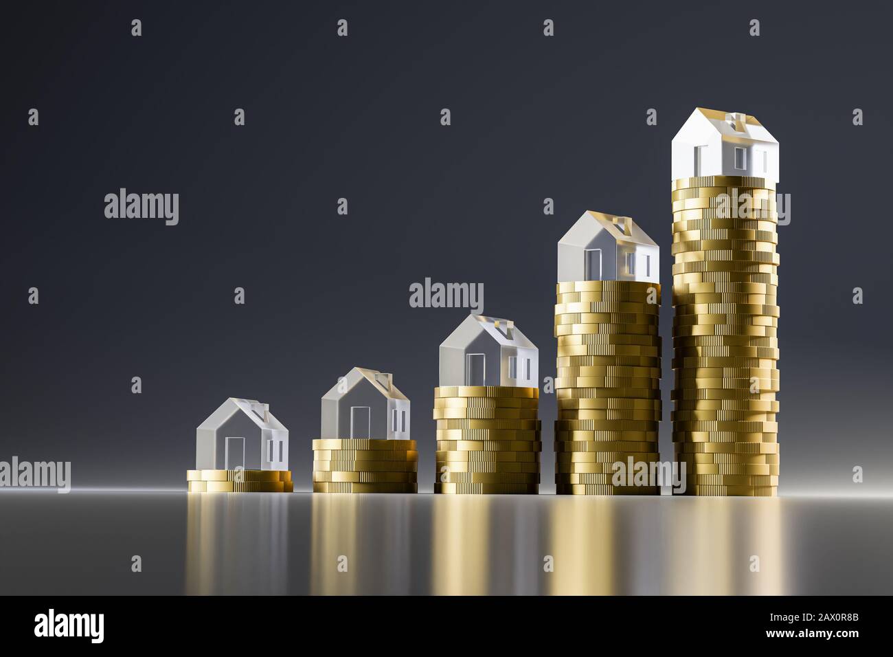 3D render: Pile di monete euro in salita sormontate da case modello in vetro acrilico. Sfondo scuro senza cuciture e riflessi. Concetto per estremo Foto Stock