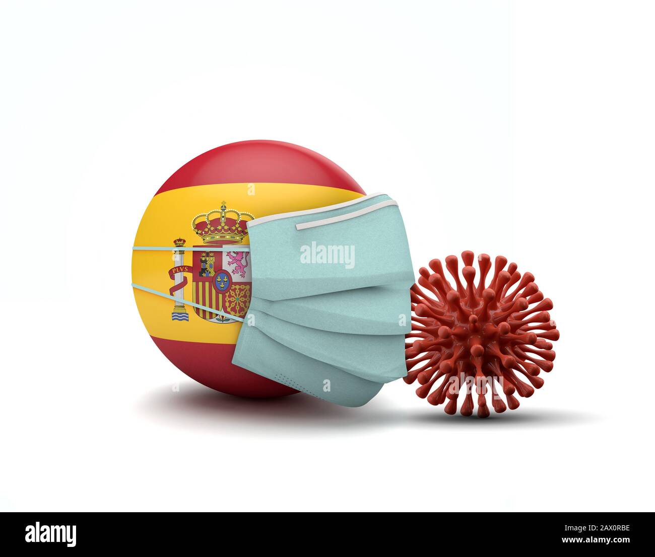 Bandiera spagnola con maschera facciale protettiva. Nuovo concetto di coronavirus. Rappresentazione 3D Foto Stock