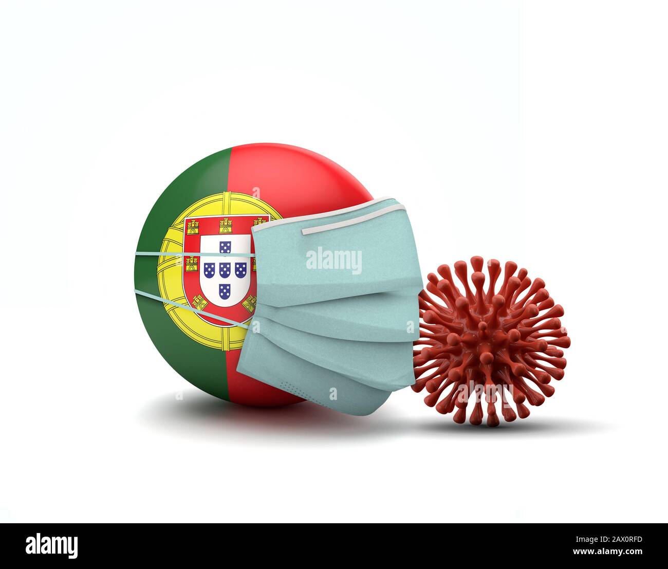 Bandiera portoghese con maschera facciale protettiva. Nuovo concetto di coronavirus. Rappresentazione 3D Foto Stock