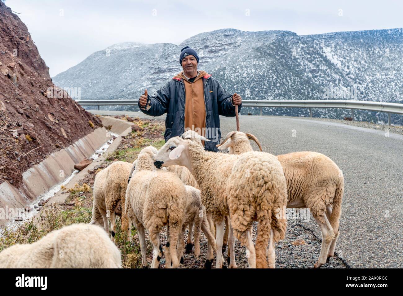 Tighedouine, Marocco - 16 gennaio 2020: Pastore berbero con il suo gregge nella remota montagna dell'Alto Atlante Foto Stock