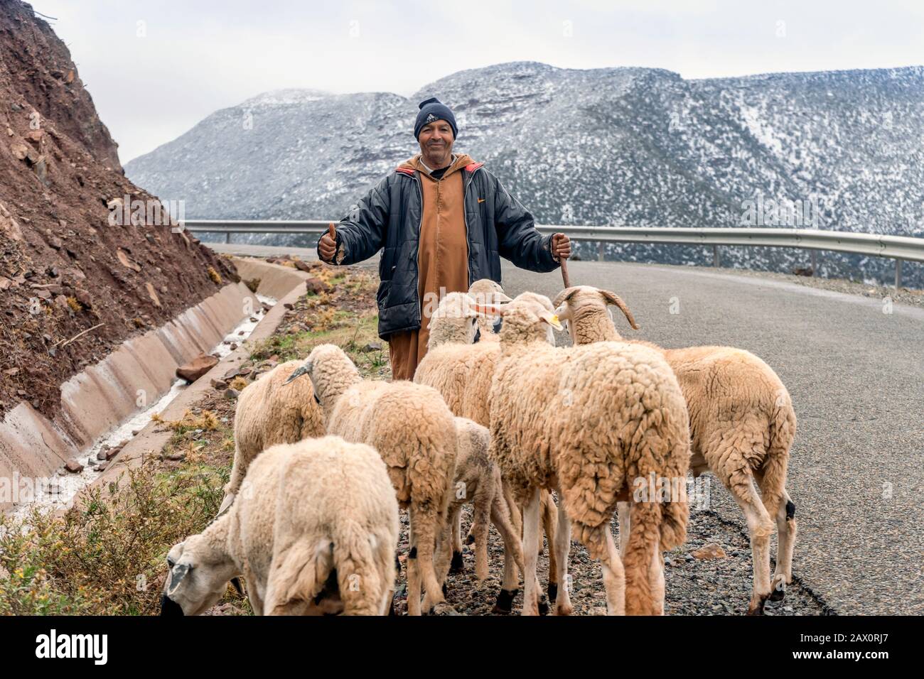 Tighedouine, Marocco - 16 gennaio 2020: Pastore berbero con il suo gregge nella remota montagna dell'Alto Atlante Foto Stock