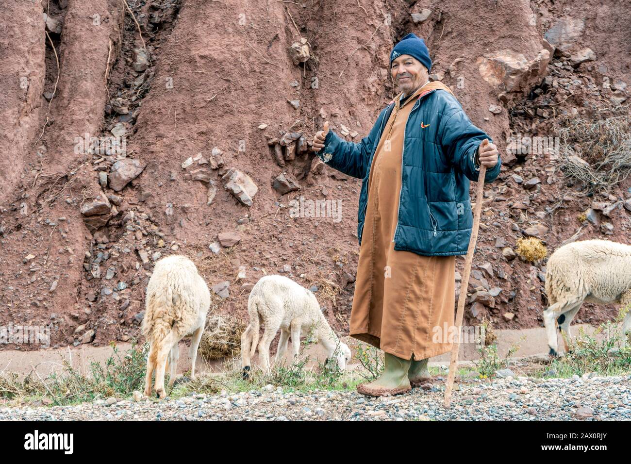 Tighedouine, Marocco - 16 gennaio 2020: Pastore berbero con il suo gregge nella remota montagna dell'Alto Atlante Foto Stock