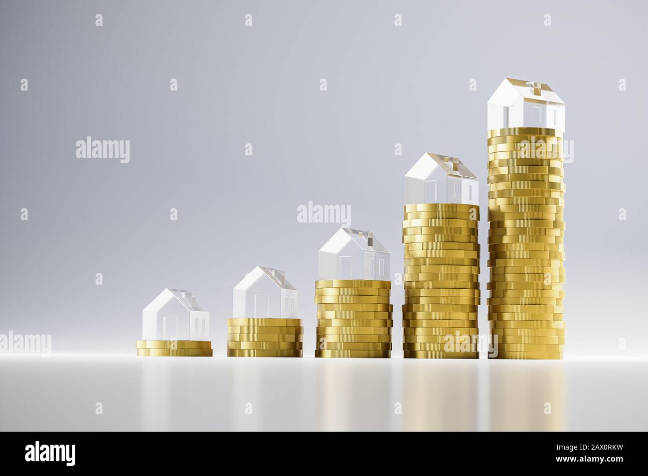 3D render: Pile di monete euro in salita sormontate da case modello in vetro acrilico. Sfondo bianco e riflessi senza cuciture. Concetto per extrem Foto Stock