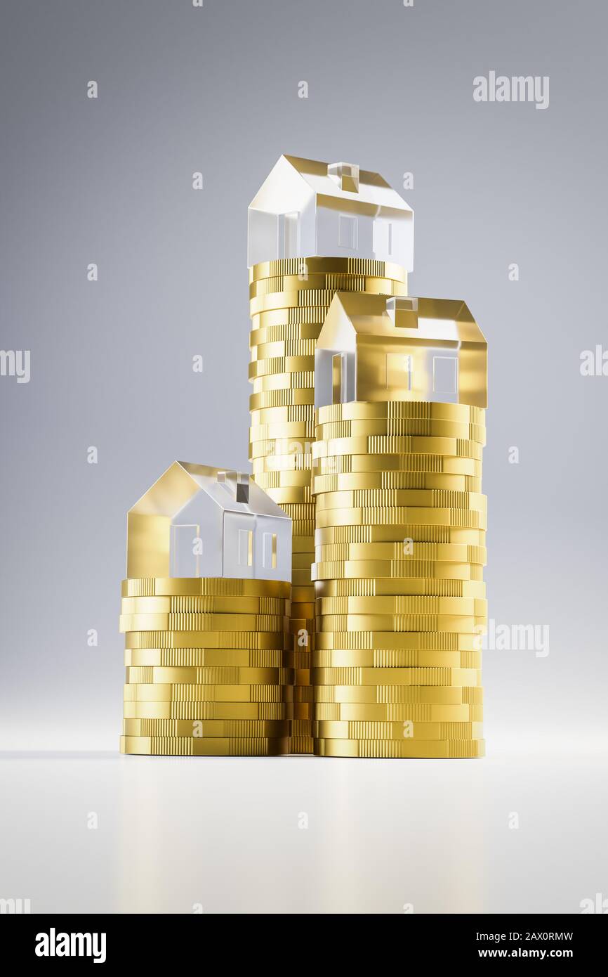 3D render: Pile di monete euro in salita sormontate da case modello in vetro acrilico. Sfondo bianco e riflessi senza cuciture. Concetto per extrem Foto Stock