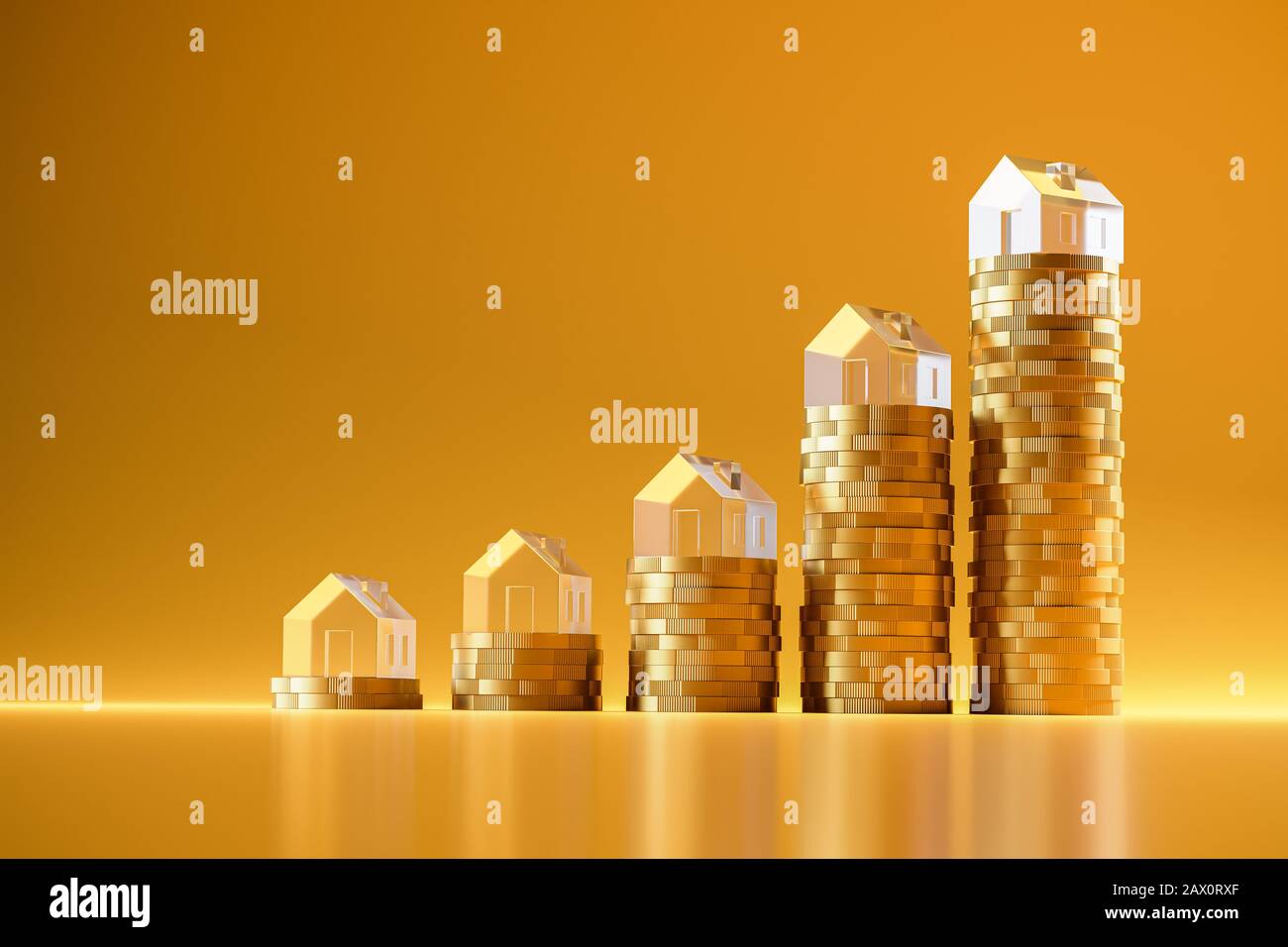 3D render: Pile di monete euro in salita sormontate da case modello in vetro acrilico. Sfondo giallo senza cuciture e riflessi. Concetto per extre Foto Stock