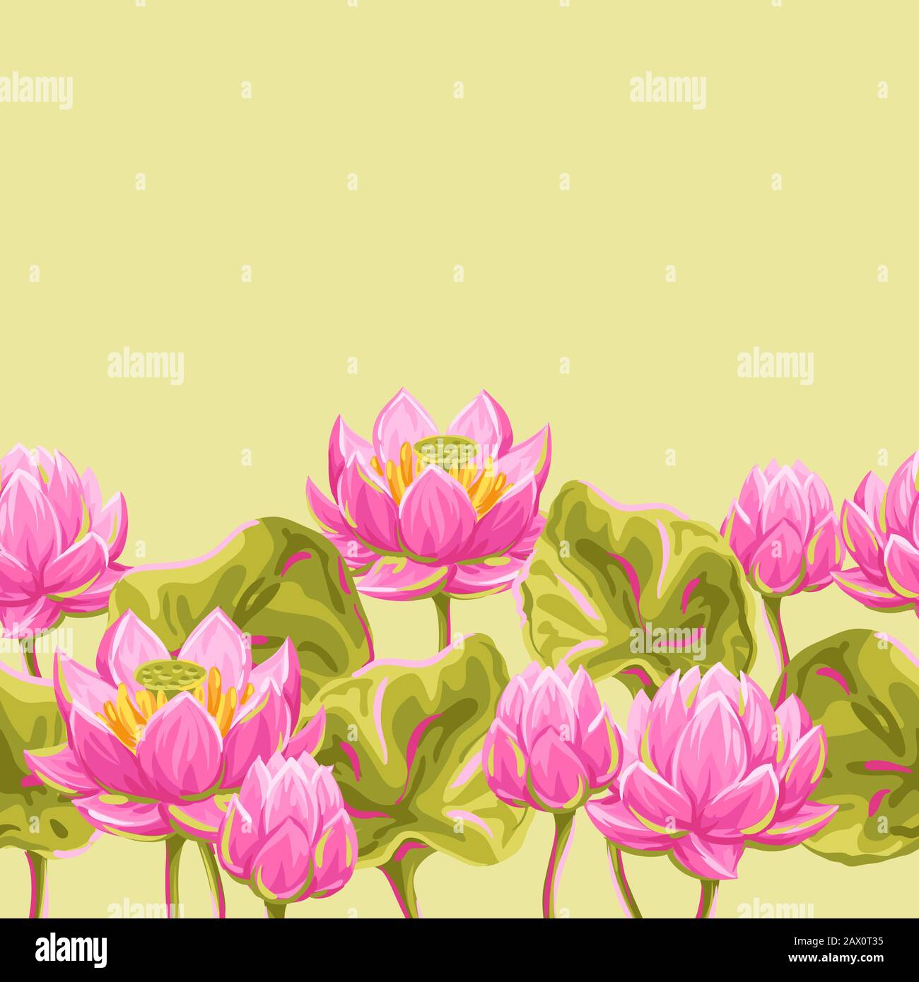 Motivo senza cuciture con fiori di loto. Illustrazione decorativa in giglio d'acqua. Illustrazione Vettoriale
