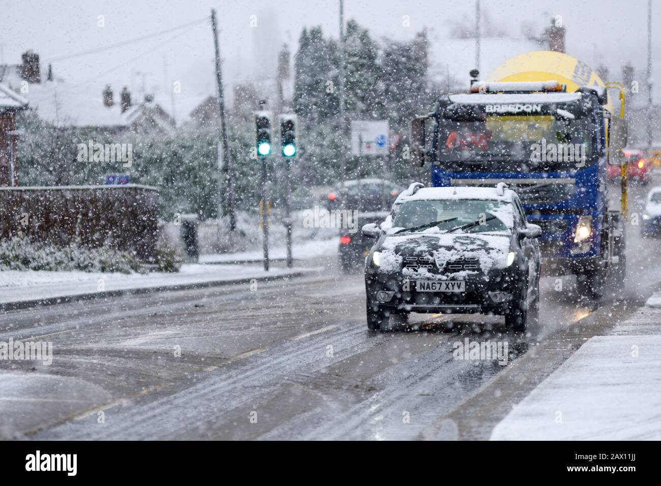 Hucknall, Nottinghamshire, Regno Unito. 10th febbraio 2020. Neve e vento forte attraversano le East Midlands. Credito: Ian Francis/Alamy Live News Foto Stock