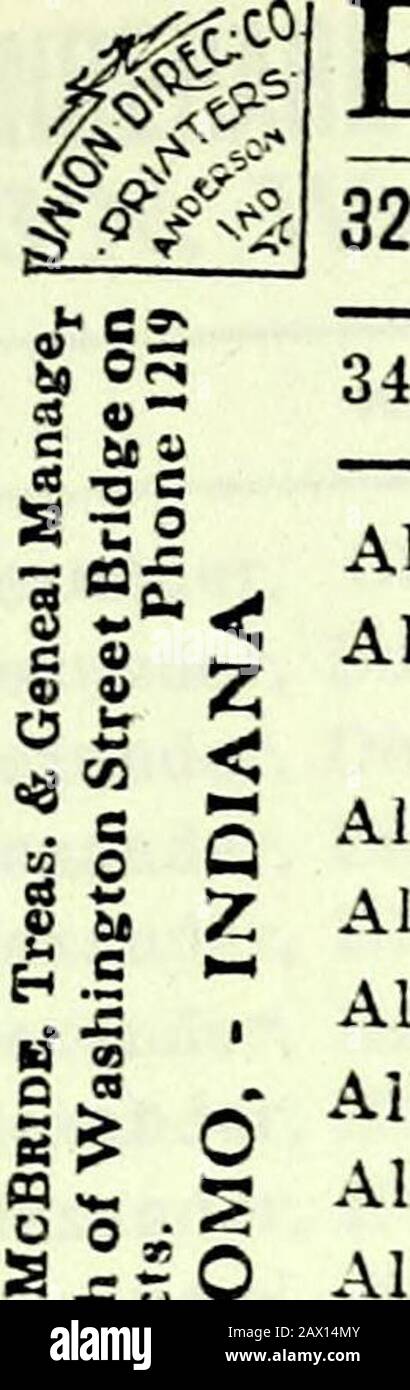 Kokomo City Directory e Howard County Gazetteer per Gli Anni 1910-1911 . h SOG s Webster. MsmBaf Adrian, Fred, h 302 n Purdum. „|,|,| Adrian, Wm. G. (Eva), h 1101 s Bell, telefono 1424-b. CTR Aerne, Henry, h 1012 s Piirdum. ^S Aerne, John (Nellie), zappe di erba, h 1012 s Purdum. ? Aerne, John, Jr., wks Brad mulino h 1012 s Purdum. C! Affleck, Francesca, Seamstress, h 1009 e Noce. N^ ^i Annuncio Aikman. (Lizzie), elk, h 605 w Jefferson. N^ZJ Aikman, Bert CMattie), h 70S w Jackson. Ci-S: Aikman, Carl, dely, h 708 vv Jackson. N2.| Aikman, Charles (Anna), elk h cor Waters e Brandon. ^=:r Aikman, Mart Foto Stock