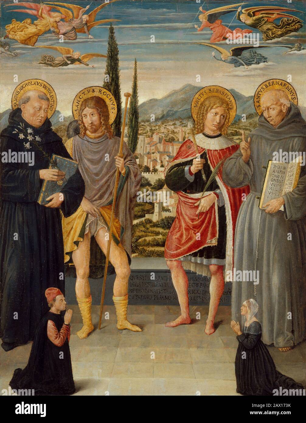 San Nicola di Tolentino, Roch, Sebastiano e Bernardino di Siena, con Donatori Inginocchiati, 1481. Foto Stock