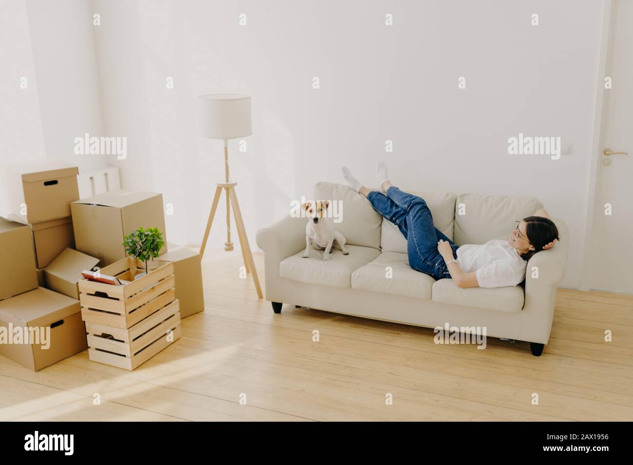Femmina renter si trova su bianco confortevole divano, solleva gambe incrociate, posa con cane preferito, ha nuova dimora in soggiorno, gode di rilocazione giorno, Foto Stock