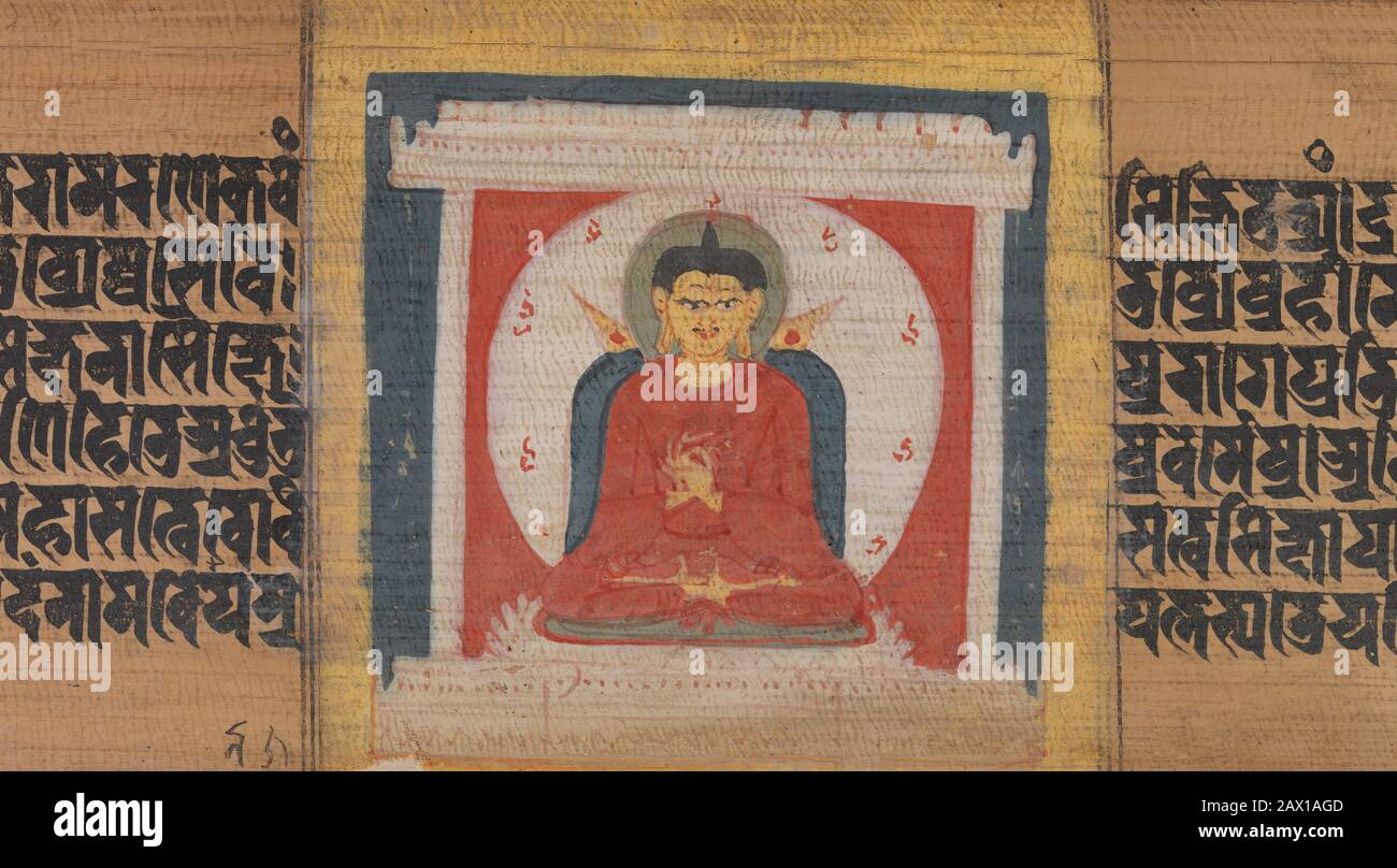 Buddha intronizzato in un Santuario, foglia da un Pancavisatisahasrika Prajnaparamita Manuscript, ca. 1090. Mani alzate in dharmacakra mudra, predicando. Foto Stock