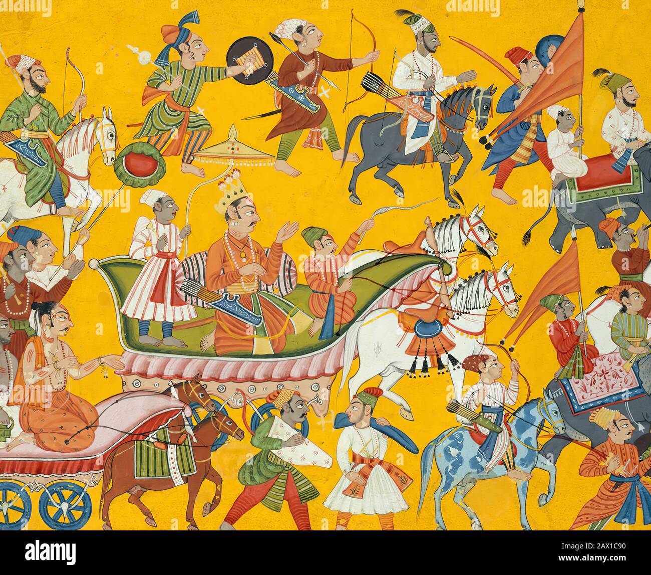 Re Dasaratha e La Sua Retinua Procedere al matrimonio di Rama: Folio dalla Serie Shangri Ramayana (Stile II), ca. 1690-1710. Foto Stock