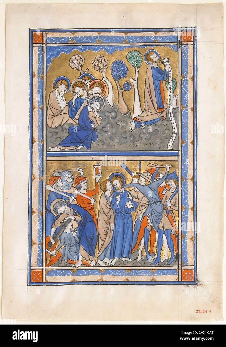 Manoscritto foglia con l'agonia nel Giardino e tradimento di Cristo, da un Salterio reale, ca. 1270. Gesù prega nel Giardino del Getsemani, a Gerusalemme, mentre gli apostoli dormono nelle vicinanze. Giuda Iscariota lo tradisce e Pietro, con rabbia, taglia l'orecchio di Malchus. Foto Stock