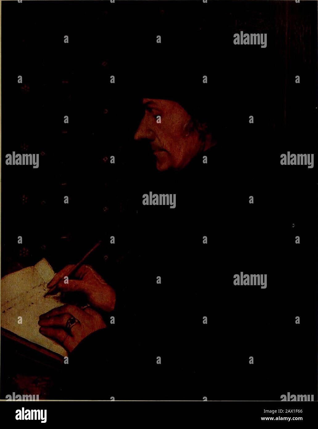 Hans Holbein il giovane . ??.i/..II ,.i Vol. I., Plate 56 ERASMUS 1523Louver, Parigi. Ritratto DI ERASMUS AL LOUVRE 173 e sano, e le sopracciglia, a differenza dei capelli, serrature di cui stragglebelow il cappuccio, non sono ancora diventato grigio. Questa immagine era un tempo inpossessione della famiglia Newton. Sul retro del panelon pino che è dipinto è incollato un memorandum di carta, ora partlydistrutto, che corre: Di Holbein, questo ... di ERASMUS Rottero-damus è stato dato a . . Principe di Jos. Adam Newton. In ad-dition c'è un sigillo rosso con le braccia di Newton e il loro motto, Vivit post funera virtus, Foto Stock