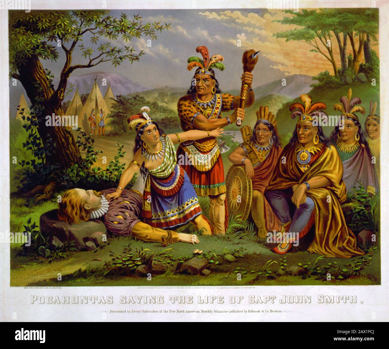 1870 , USA : Pocahontas ( Virginia, 1595 ca – Gravesend, 21 marzo 1617 ) salvare la vita del capitano John Rolfe , New England Chromo. Lith. Co., Stati Uniti. Pocahontas (Matoaka, e più tardi conosciuto come Rebecca Rolfe, c. 1595 – marzo 1617) è stato un indiano della Virginia[1][2], noto per la sua associazione con l'insediamento coloniale di Jamestown, Virginia. Pocahontas era la figlia di Powhatan, il capo principale di una rete di nazioni tribali tributarie nella regione di Tidewater della Virginia. In un noto aneddoto storico, si dice che abbia salvato la vita di un prigioniero indiano, inglese John Smith, in Foto Stock