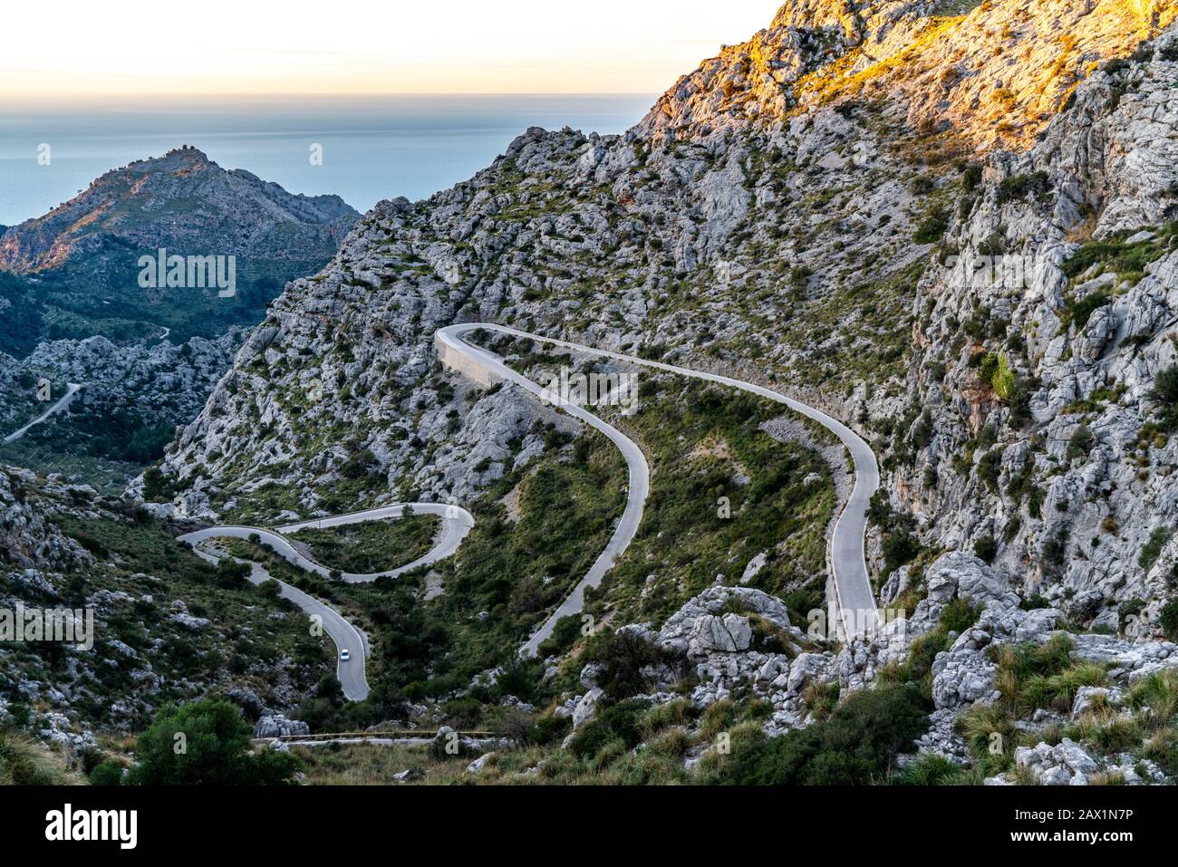 Strada a serpentina ma-2141, strada tortuosa per Sa Calobra, nel nord-ovest di Mallorca, Isole Baleari, Spagna, Foto Stock