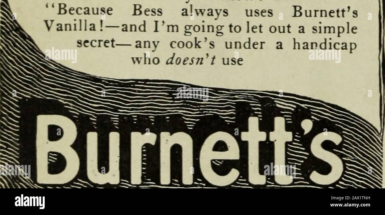 La rivista Boston Cooking School di scienze culinarie ed economia domestica . Bess e Susanne wererivals per gli onori di cucina. Eachhad i suoi metodi, le sue proprie ma-terial. Il premio è stato la lode di padre.Il suo compleanno, hanno ciascuno fatto un des-sert. Il puzzle era, che ha fatto che il?VVell, ha detto il padre, sedendosi indietro con il sorriso assatificato dopo un primo gusto di ciascuno, Bess ha fatto la torta di cioccolato! Chorus : * come sapete ? Perché Bess usa sempre BurnettsVanilla ! E Sto andando lasciare fuori un simplicecret - tutti i cuochi sotto un handicap che doesn^t usano. Foto Stock