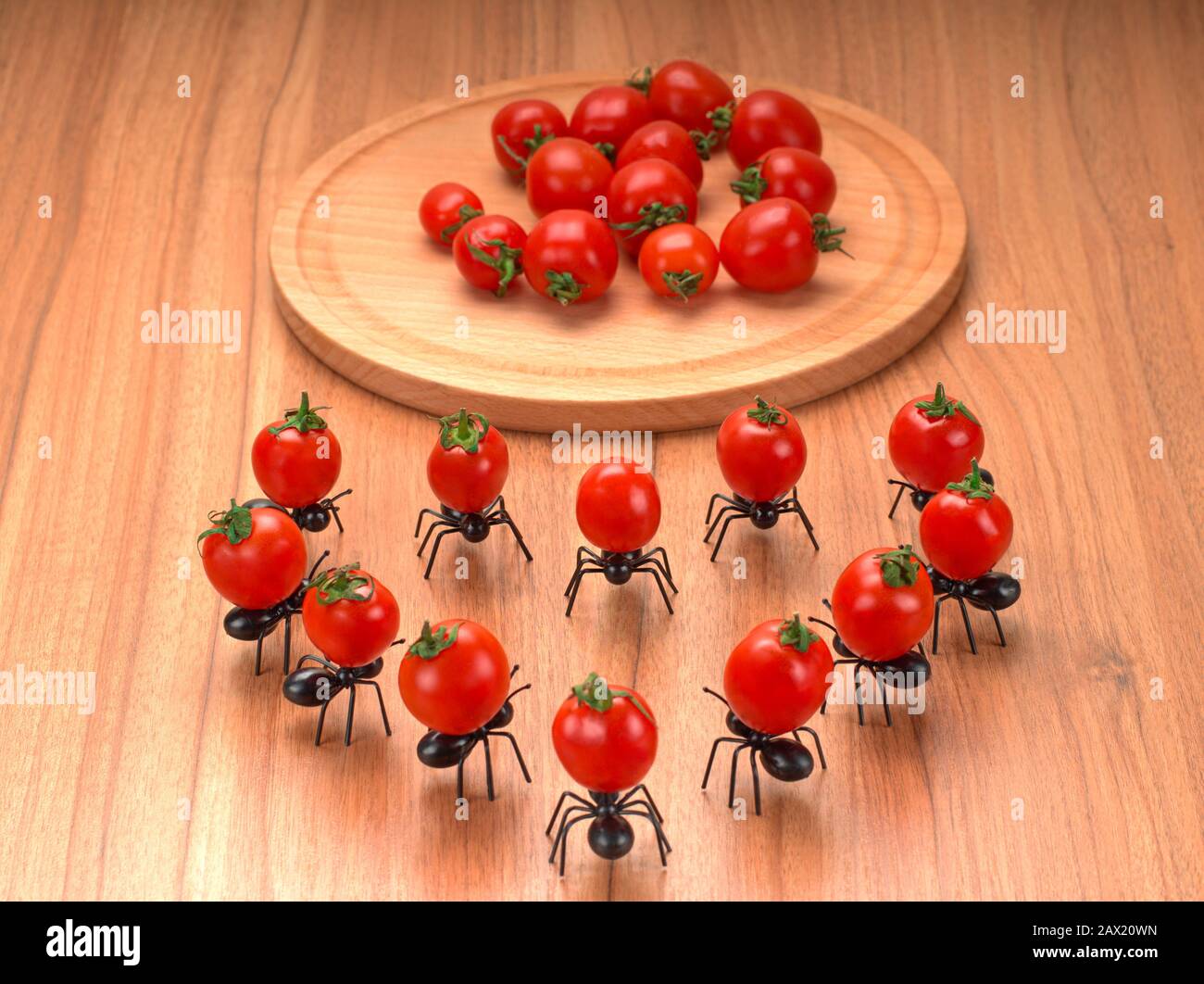 Divertenti formiche decorative che portano pomodori. Fatto un cuore di pomodori cocktail Foto Stock