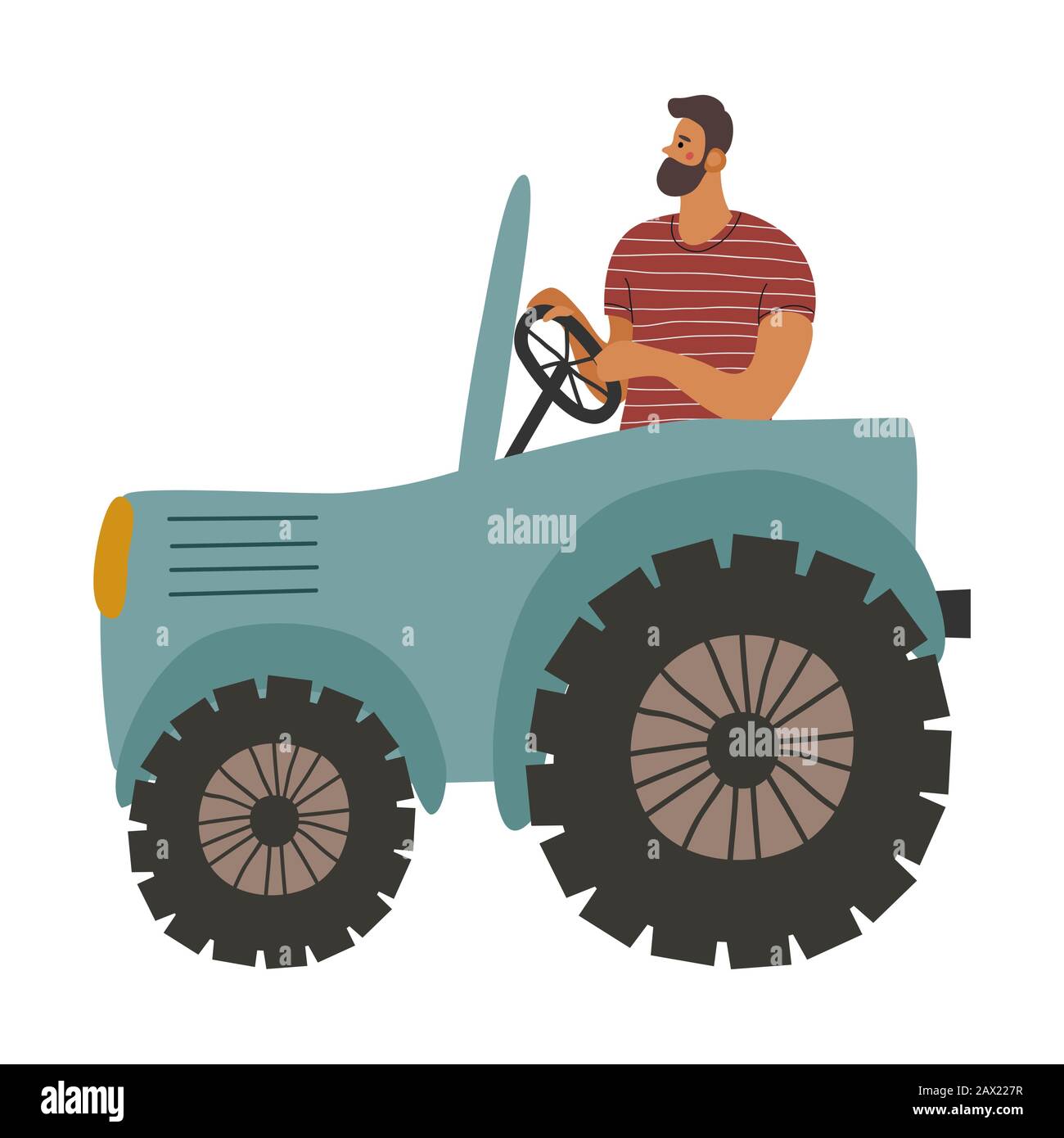 Trattore isolato e uomo in esso. Coltivatore coltiva la terra. Illustrazione piatta del vettore Illustrazione Vettoriale