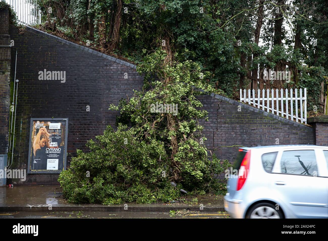 Londra, Regno Unito. 9th Feb, 2020. Un albero è caduto sotto il ponte a Green Lanes, Haringey, Londra nord bloccando il marciapiede.Storm Ciara colpisce Londra con forte pioggia e forti venti. Credit: Dinendra Haria/Sopa Images/Zuma Wire/Alamy Live News Foto Stock