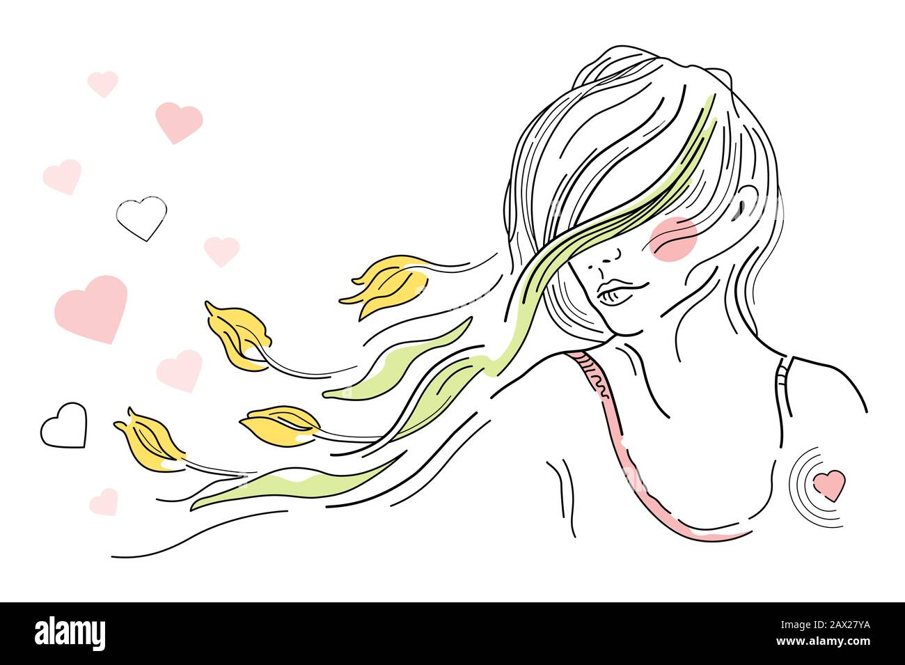 Illustrazione vettoriale di primavera ragazza, giovane donna con capelli volanti, cuori rosa, tulipani gialli su sfondo bianco. Happy San Valentino, Festa Della Donna. P Illustrazione Vettoriale