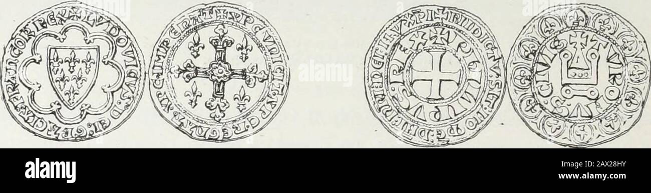 Mœurs, usanze et costumi au moyen âge et à l'époque de la Renaissance . Fig. 2 (j6. Pépin le Bref. Fig. 267. – Claritlemagne. Fig. 268. Henri 1er. MONNAIES DOR ÈT DARGENT DU TREIZIÈME SIÈCLE.. Fig. 269. Florin dor. Louis IX. Fig. 270. Grostournois dargent. Philippe III mérite quon la signale, cest lordre formel, donné à Louis VIII, de nem-quà la défense du royaume ceraine somme quil quil léguait pourcet objet. Lorsque Louis IX, vainqueur à Taillebourg (1242), vainqueur à Saintes, eut soumis les grands vassaux révoltés, il sempressa de réglementer limpôtdes tailles, par un code Foto Stock