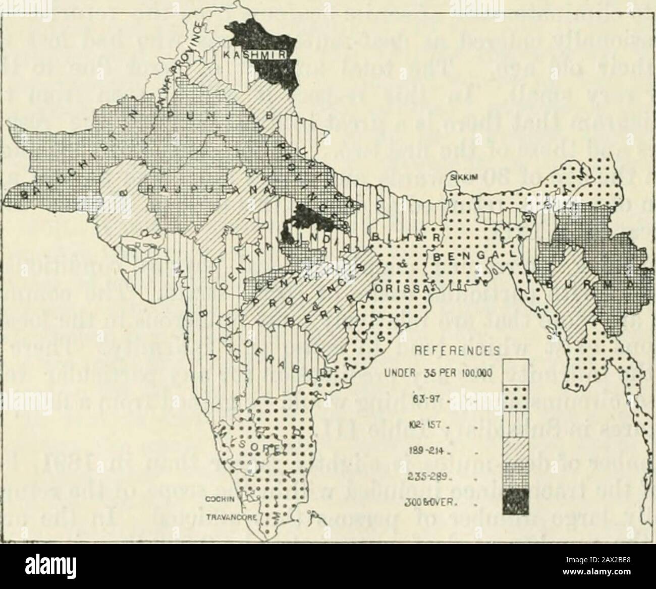 Censimento dell'India, 1911 .. . – invece che nelle parti dell’Europa orientale, in Russia, per esempio, diciannove persone su dieci sono cieche. 455. La prevalenza di questa infermità varia inversamente con la pioggia.si verifica più frequentemente nel Punjab, Baluchistan, le Province unite andRajputana, dove il clima è secco, E la polvere e il bagliore sono eccessivi, e almeno così in Assam, Bengala e Madras, dove una pioggia abbondante posa il dustand copre la superficie del terreno con vegetazione lussureggiante verde. Deve essere ricordato- Afape che mostra la prevalenza della cecità in India. Gel, howCVer, tha Foto Stock